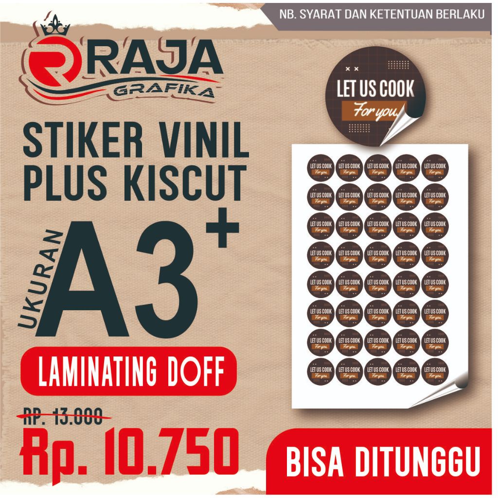 CETAK STIKER VINIL LAMINATING DOFF PLUS KISSCUT KEMASAN A3+