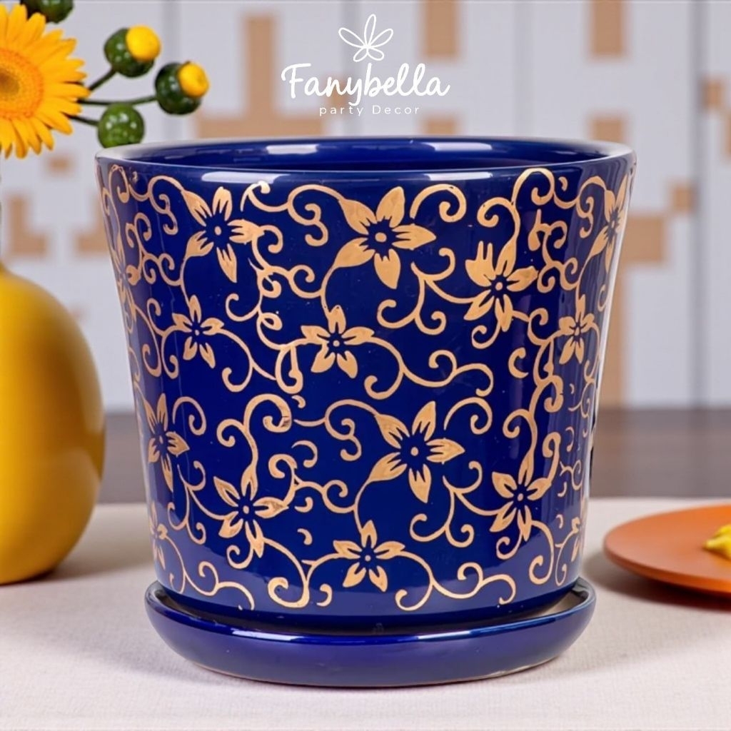 Pot Keramik Tanaman Hias Guci Putih Biru Satu Set Isi 3 pcs Aesthetic Mewah Dekorasi Rumah Import