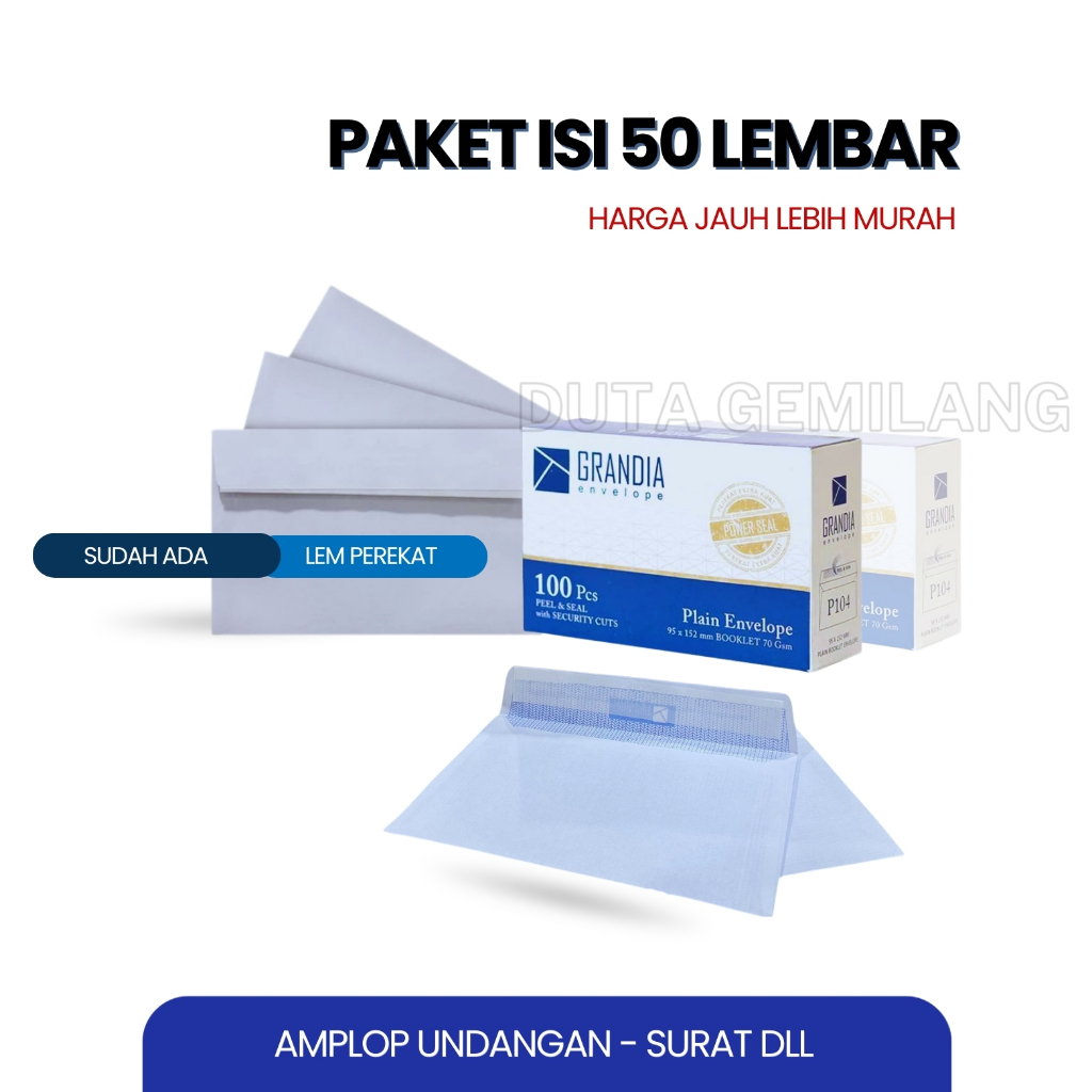 1 Bungkus (50 lbr) - Amplop Grandia Putih 104 - Sudah Dilengkapi Dengan Seal Lem Perekat di Bagian B