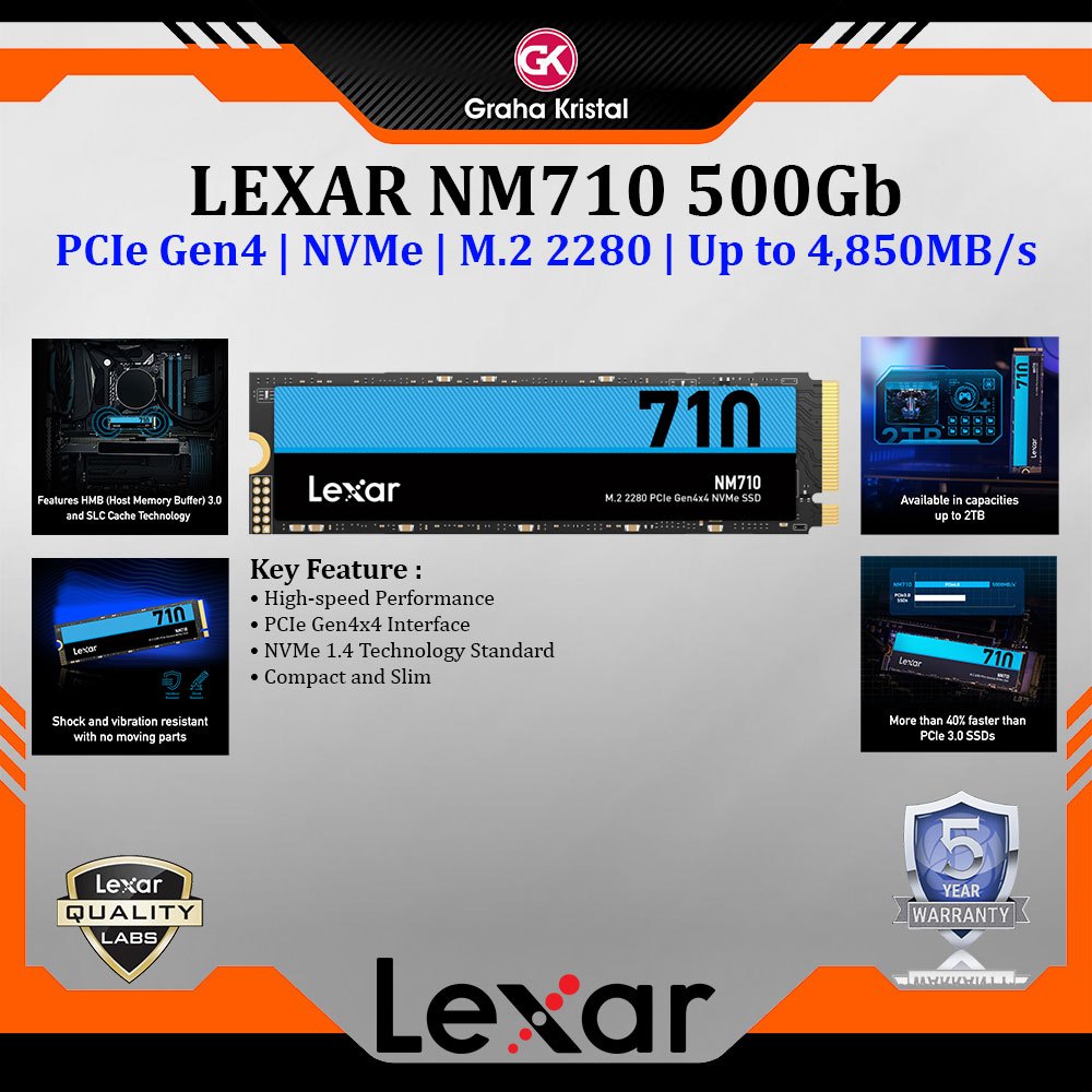 SSD LEXAR NM710 500Gb PCIe Gen4 NVMe M.2 2280 Up to 5000MB/s Garansi 5 Tahun