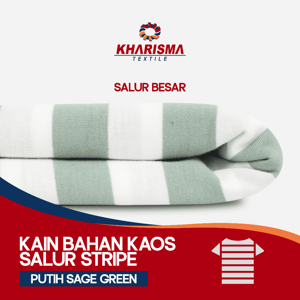 Kain Bahan Kaos Salur Besar 2cm Putih - Hijau Sage CVC 30s Corak Motif Garis Stripe Lebar 2 cm x 2 c