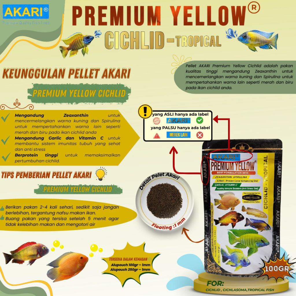 Makanan ikan AKARI AA PREMIUM RED BLUE YELLOW CICHLID 100GR