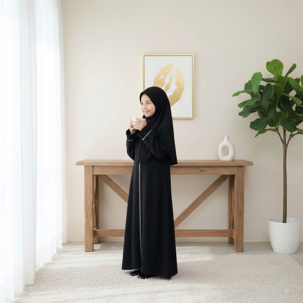 Gamis Abaya Anak Perempuan Hitam Polos Garis 2 List Elegan