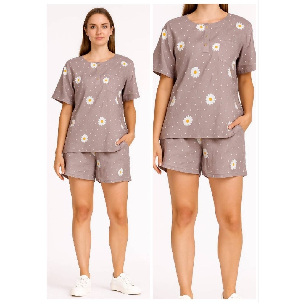 Baju Tidur Wanita Setelan Pendek Motif Bunga Daisy Piyama Santai