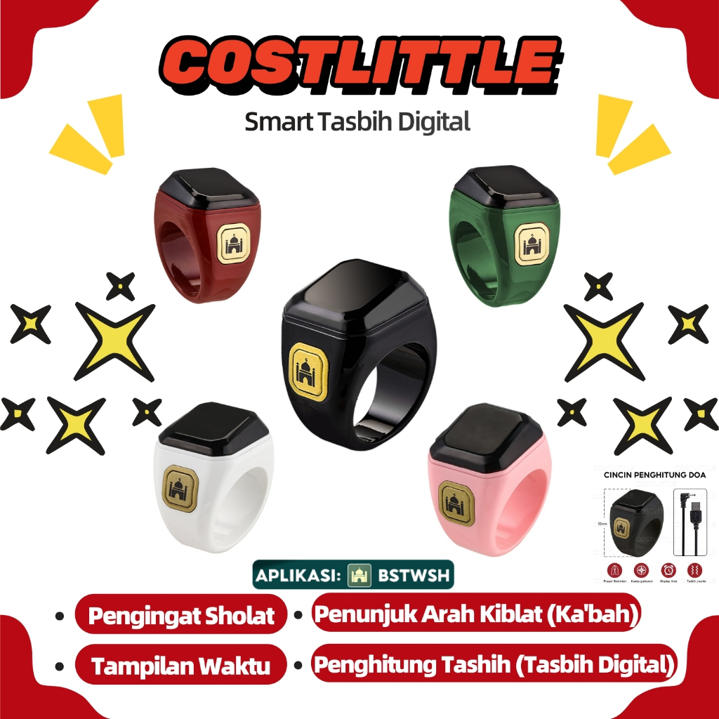 Cincin Tasbih Digital BSTWSH - Penghitung Zikir Otomatis, Pengingat Sholat via Getaran, Original