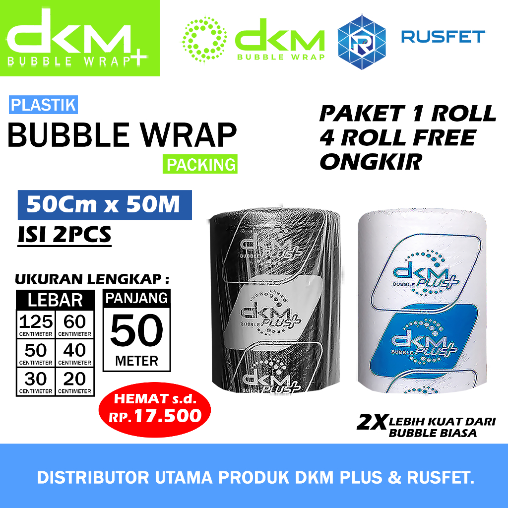 

Plastik Packing Bubble Wrap Bening & Hitam Murah Merek DKM RUSFET 50cm x 50meter (LINK EKSPEDISI) / Bubble Wrap Paket 1 Roll Roll 125 X 50 Meter