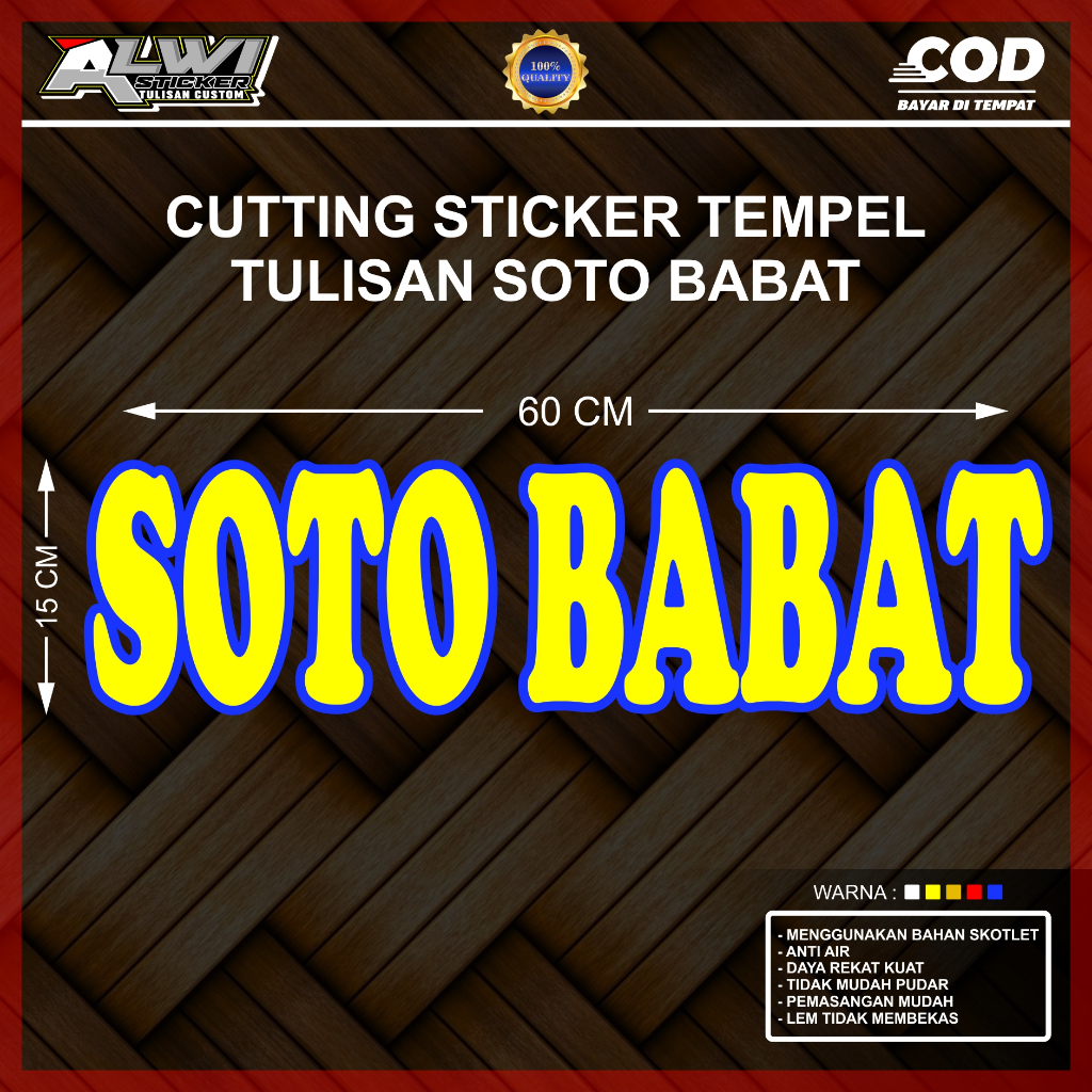 

Stiker Cutting Tulisan Soto Babat 2 warna Ukuran 60 CM X 15 CM Bahan Skotlet untuk grobak jualan