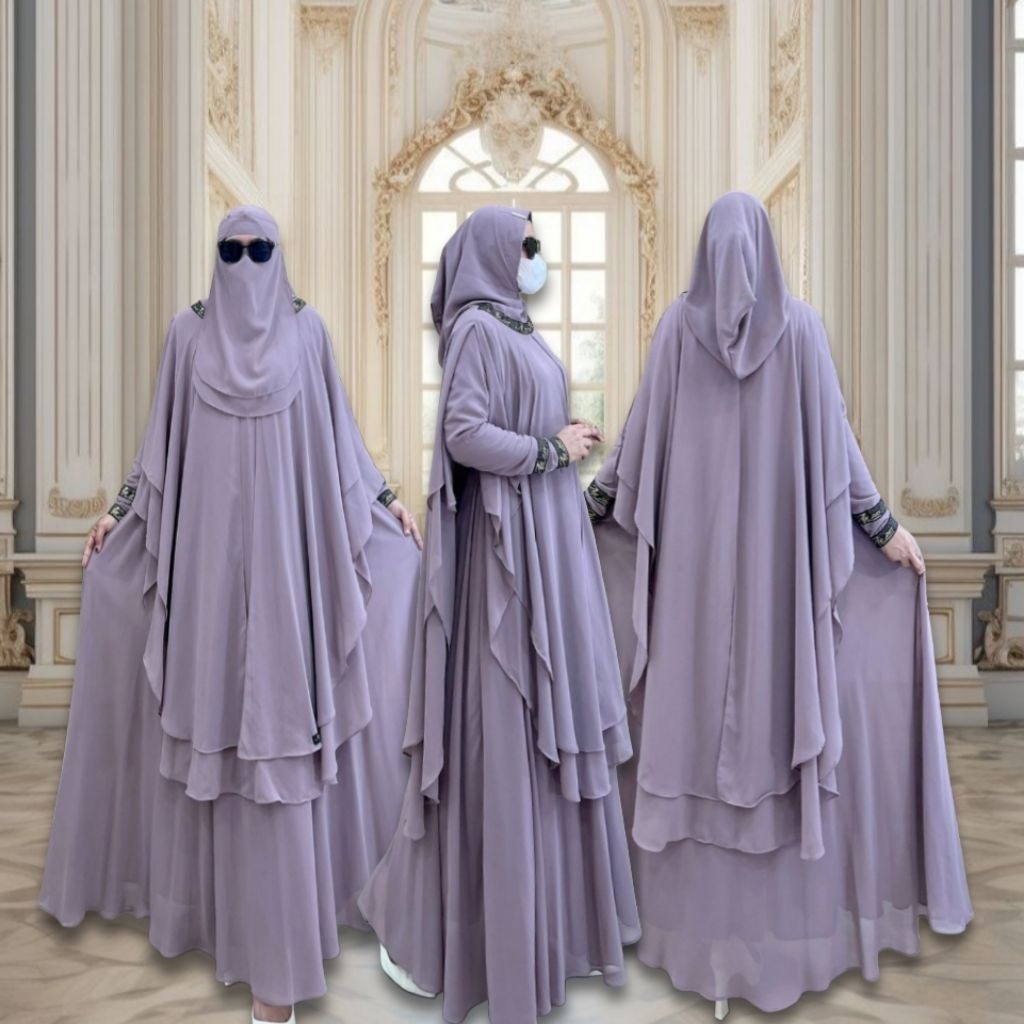 MASNIS Gamis Syar'i by Aje Zas Set Hijab Jumbo Haji Umroh Bahan Ceruti BabyDoll Muslimah