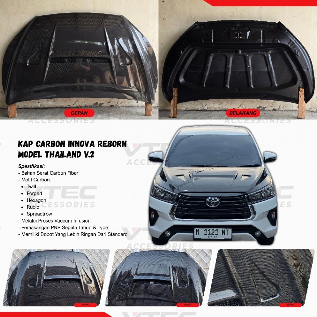 Kap Mesin Carbon Innova Reborn Venturer Model Thailand Akana Carbon Fiber Motif Twill Hexagon Rubic 