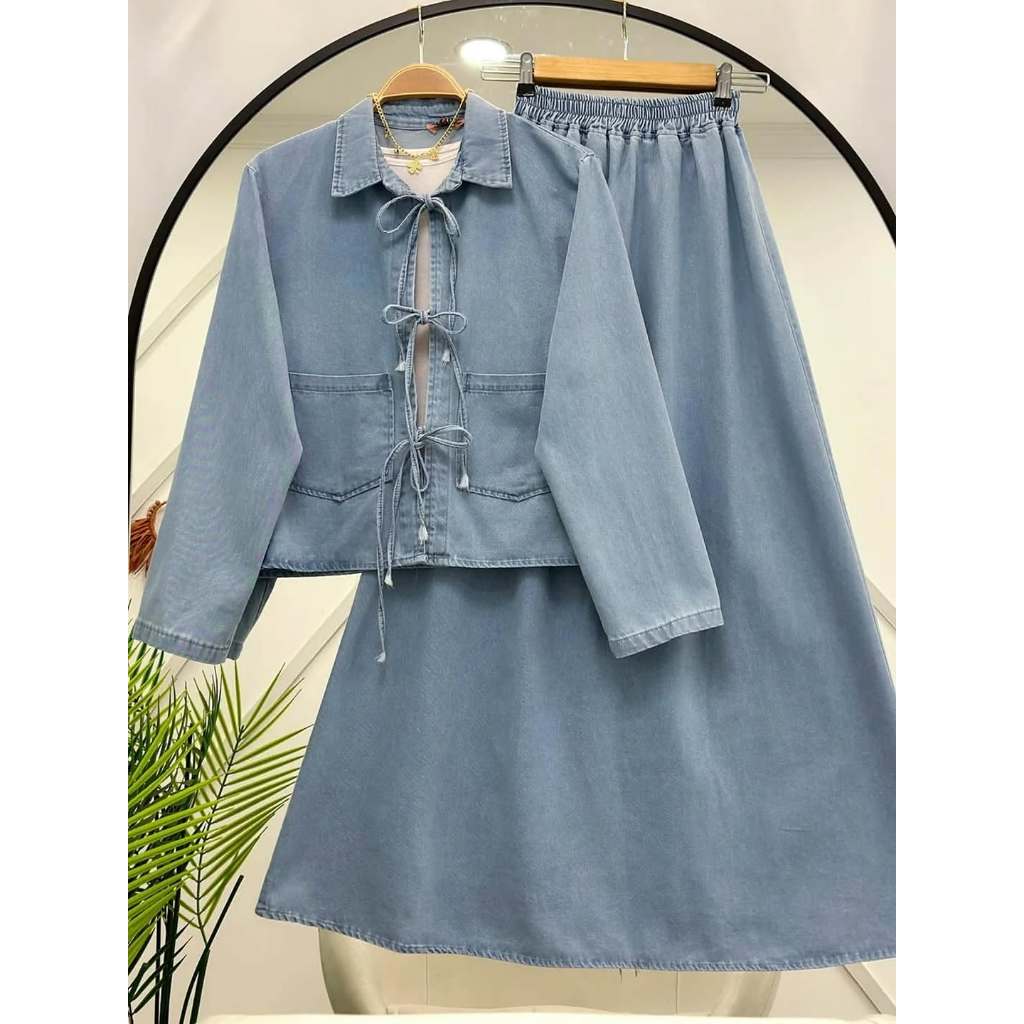 Kiukiu Dira Ribbon Jeans - Set Rok Jeans Wanita - Baju Setelan + Blazer Bahan Jeans Polos