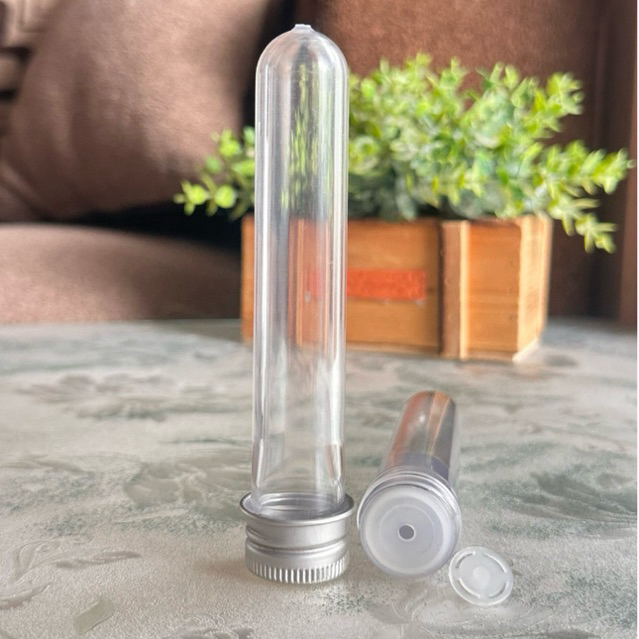 PLASTIC TUBE TEST - TABUNG REAKSI tinggi 12cm klem PLASTIK PET TUTUP ALUMINIUM - TABUNG SOUVENIR BUN