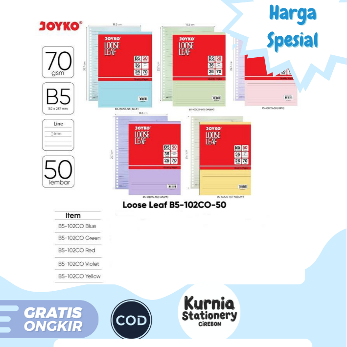 

Joyko Loose Leaf B5 Colorful / Binder Refill / Kertas Isi Ulang Binder Warna B5-102CO-50