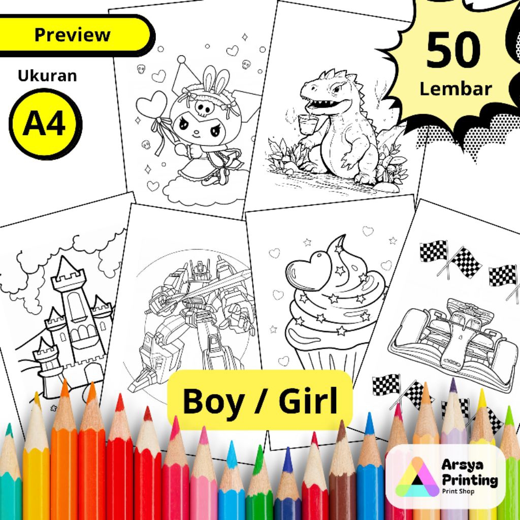

50 Lembar Kertas Mewarnai Anak Lucu Tema Boy / Girl / Laki-laki/ Perempuan Ukuran A4
