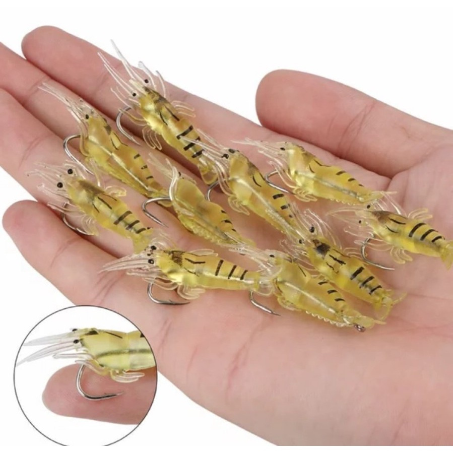 Udang Palsu isi 10 Plus Kail Ukuran 4 Cm / Umpan Udang Palsu / Umpan Baramudi / Umpan Casting