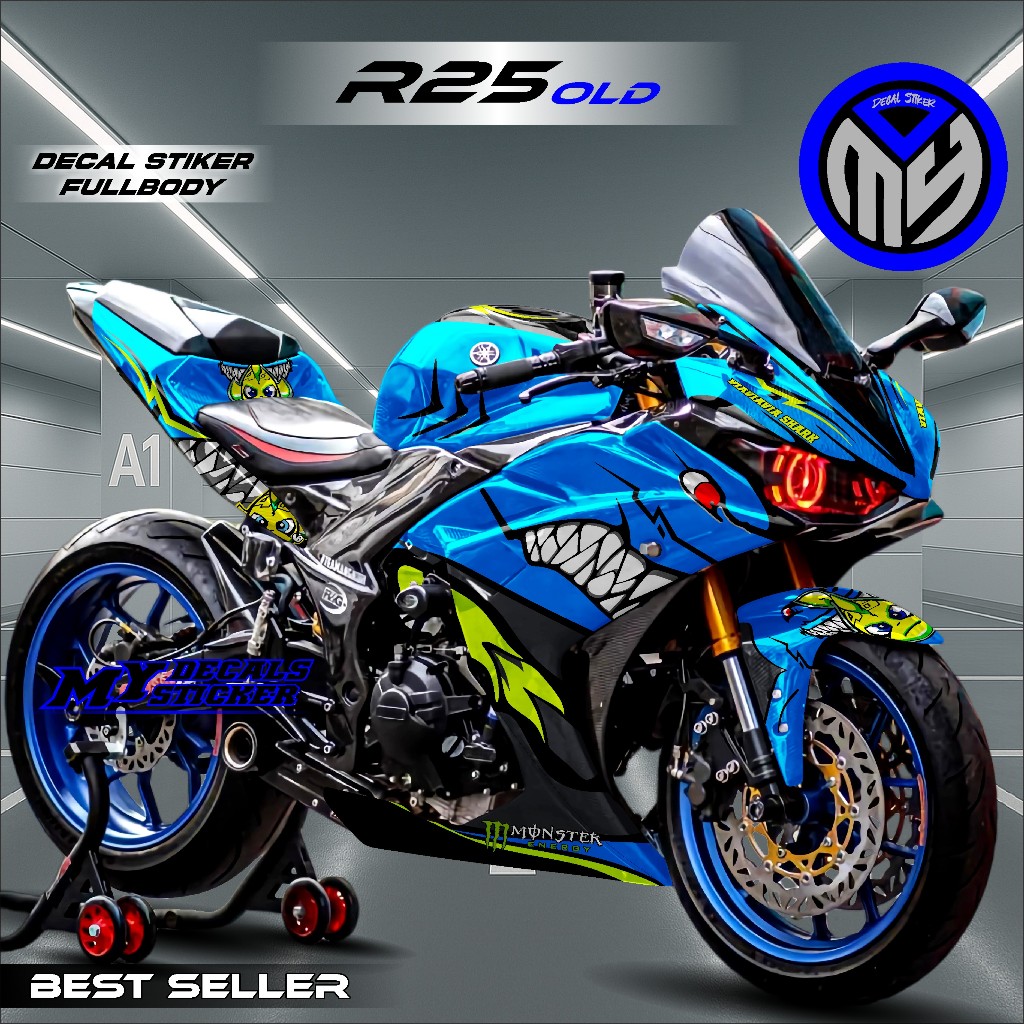 BISA COD Decal Sticker Full Body YAMAHA R25 OLD Variasi Shark / Hiu Terbaru Desain Bebas Custom