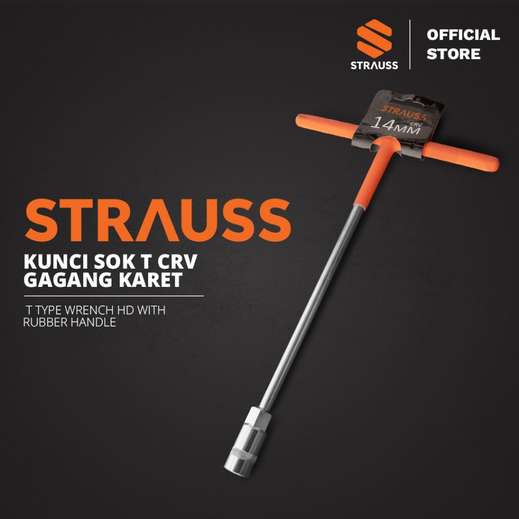 STRAUSS Kunci Sock Sok T Bengkel - Baut Sock Mata 8mm - 17mm | Material CRV Kuat Karet Anti Selip