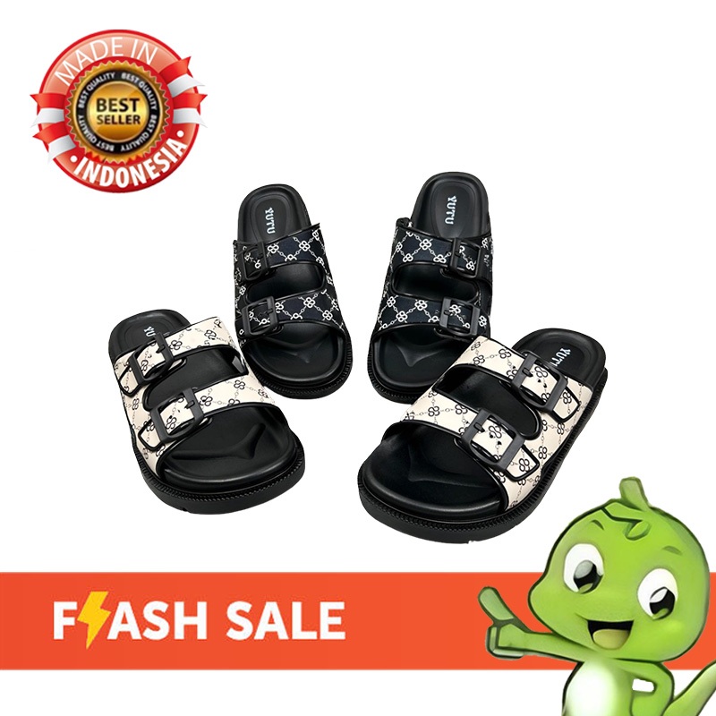 100%Terbaik - YUTU Sandal Jelly Wanita Slop Sandal Flat Wanita Karet Gesper Sendal Kasual Slop Slip 
