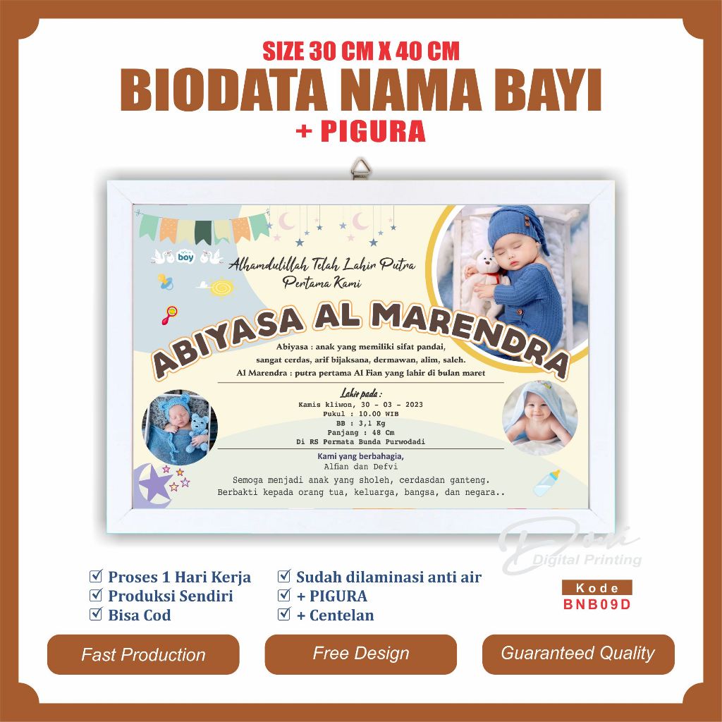 Biodata Kelahiran Bayi + Pigura Ukuran Jumbo 12 R 30 cm x 40 cm BNB09