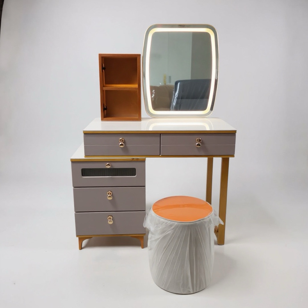 Meja Rias Import 2213 Segi LED Batu Marmer + Kursi Puff