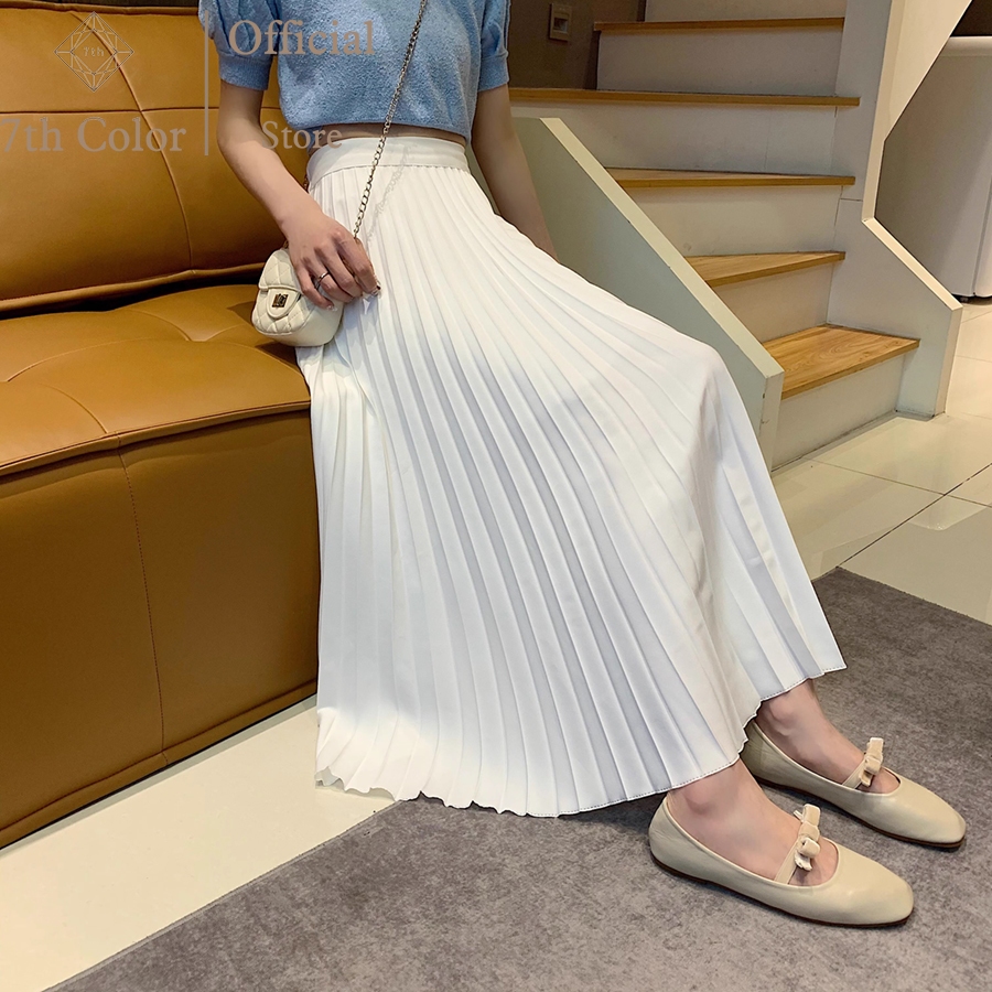 7th Color / Rok Plisket Rok Putih Rok  Midi Pinggang Elastis Rok Tipis