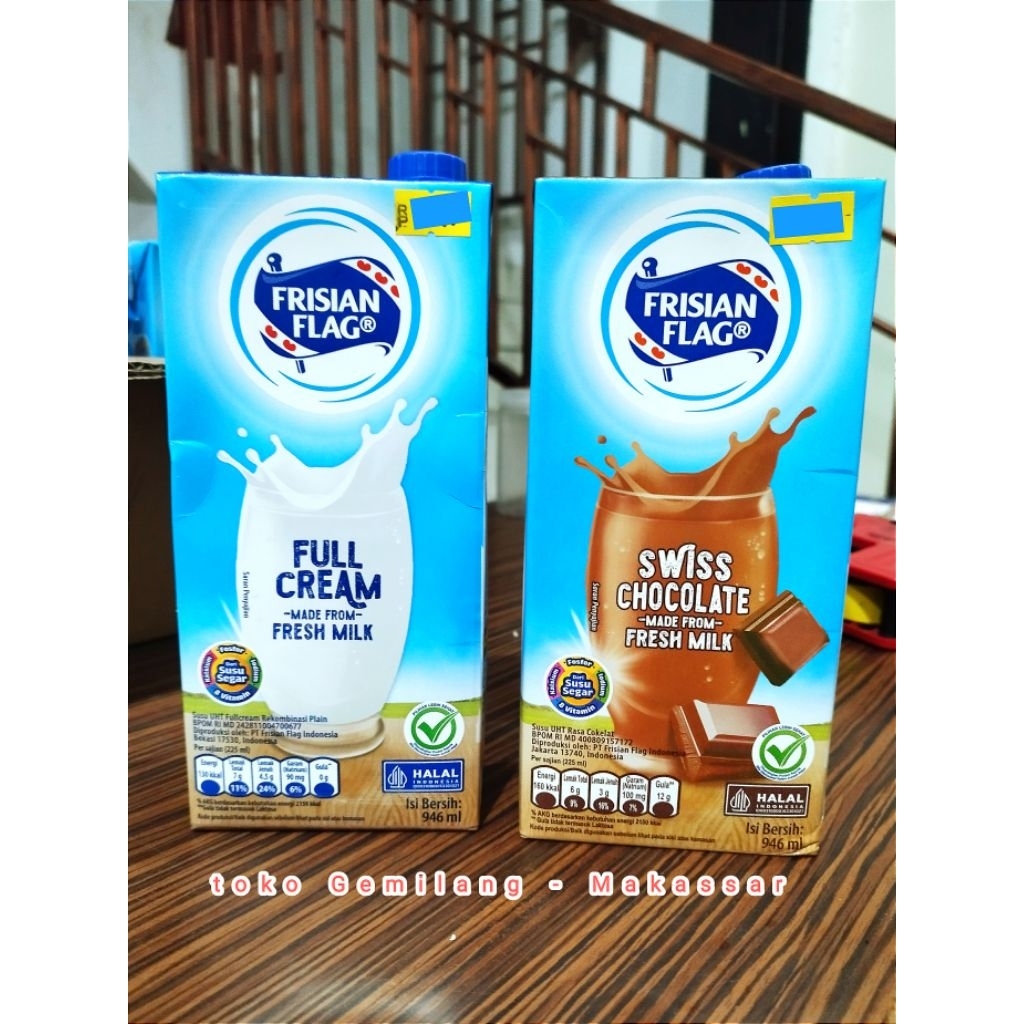 

Susu cair UHT Frisian Flag 946 ml / Susu Bendera full cream / swiss chocolate, dibuat dari susu segar