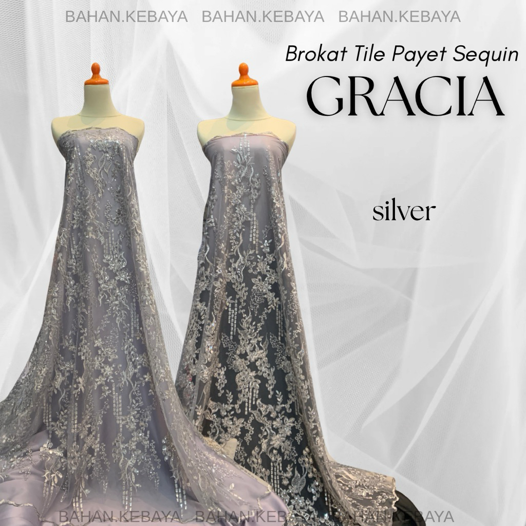 Kain Bahan Kebaya Brukat Brokat Tile Payet Sequin Mewah Warna Silver