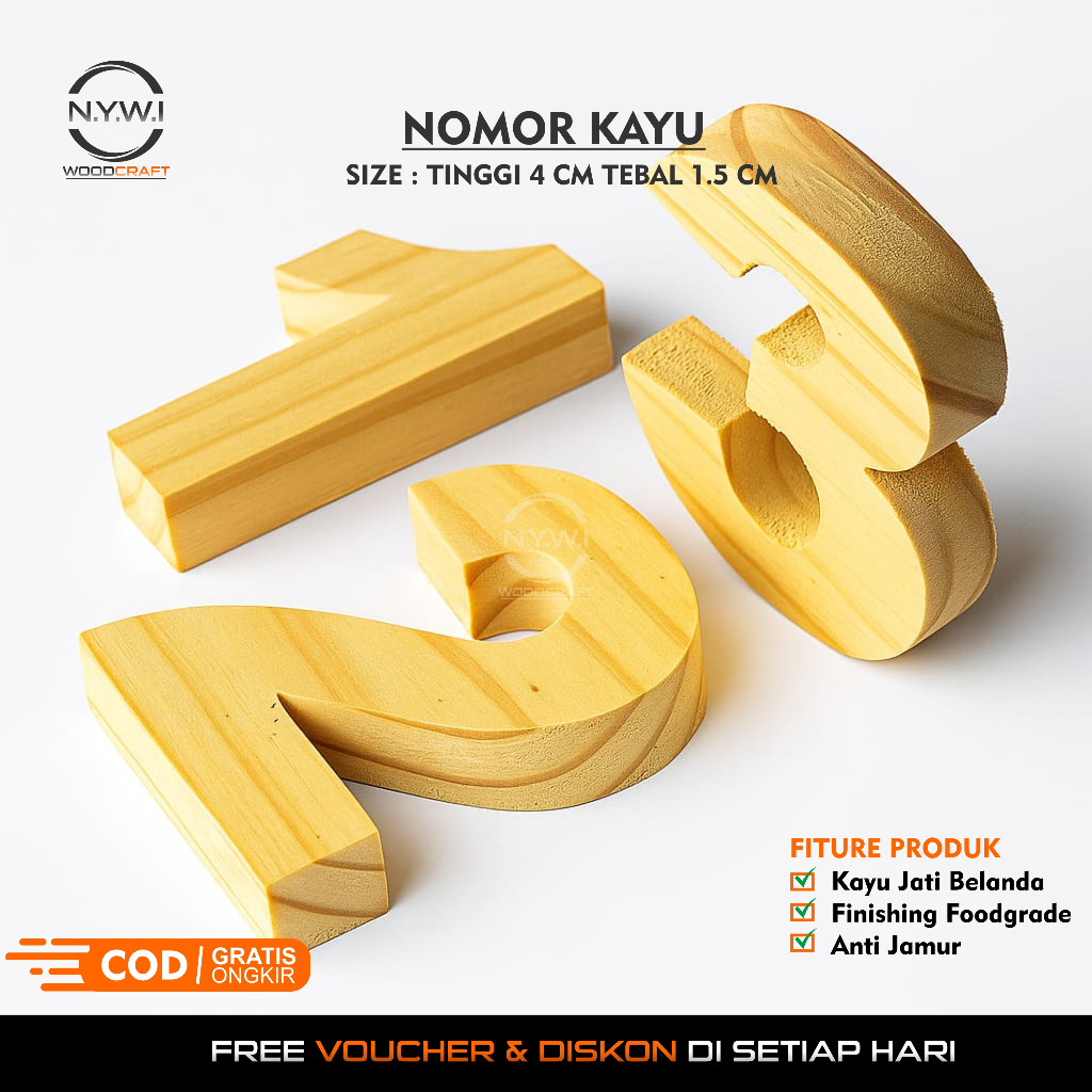 ( TERMURAH ) Ukiran Angka Nomor Kayu Jati Belanda 4cm Untuk Dekorasi Nomor Rumah & Bahan Kerajinan