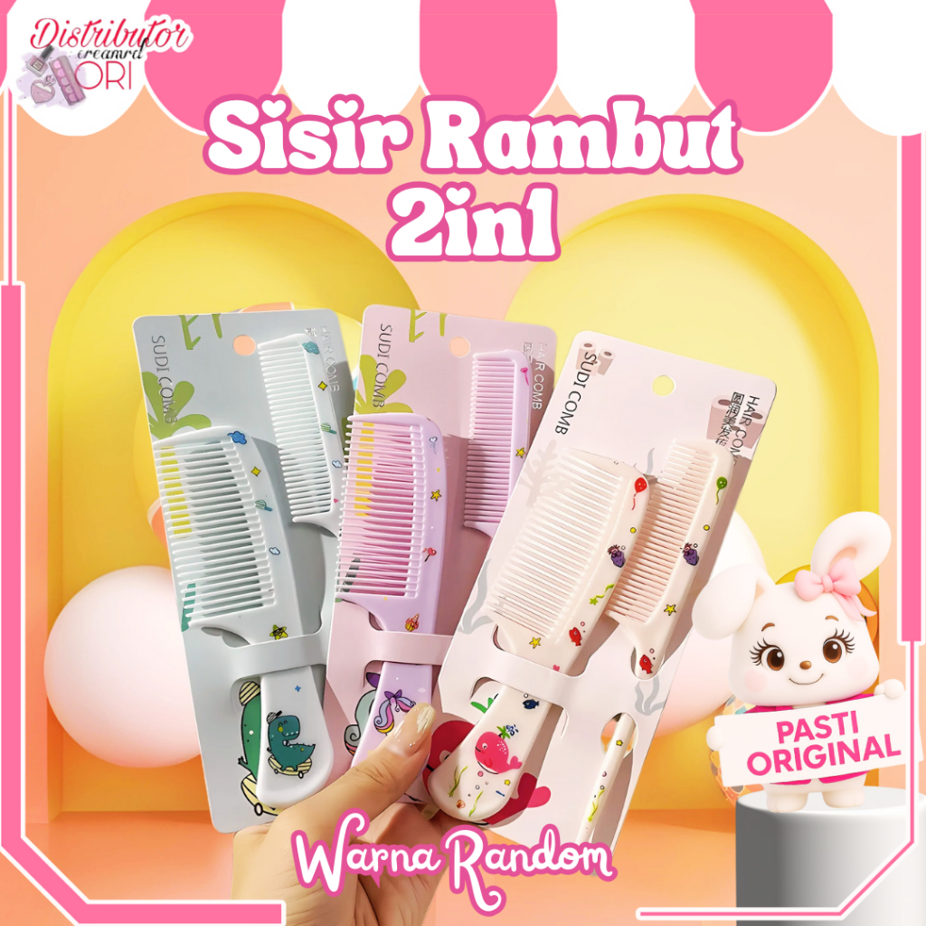 Set Sisir Rambut 2in1 Aksesoris / Anti kusut Karakter Gambar Korea / Warna Random | Distributor Crea