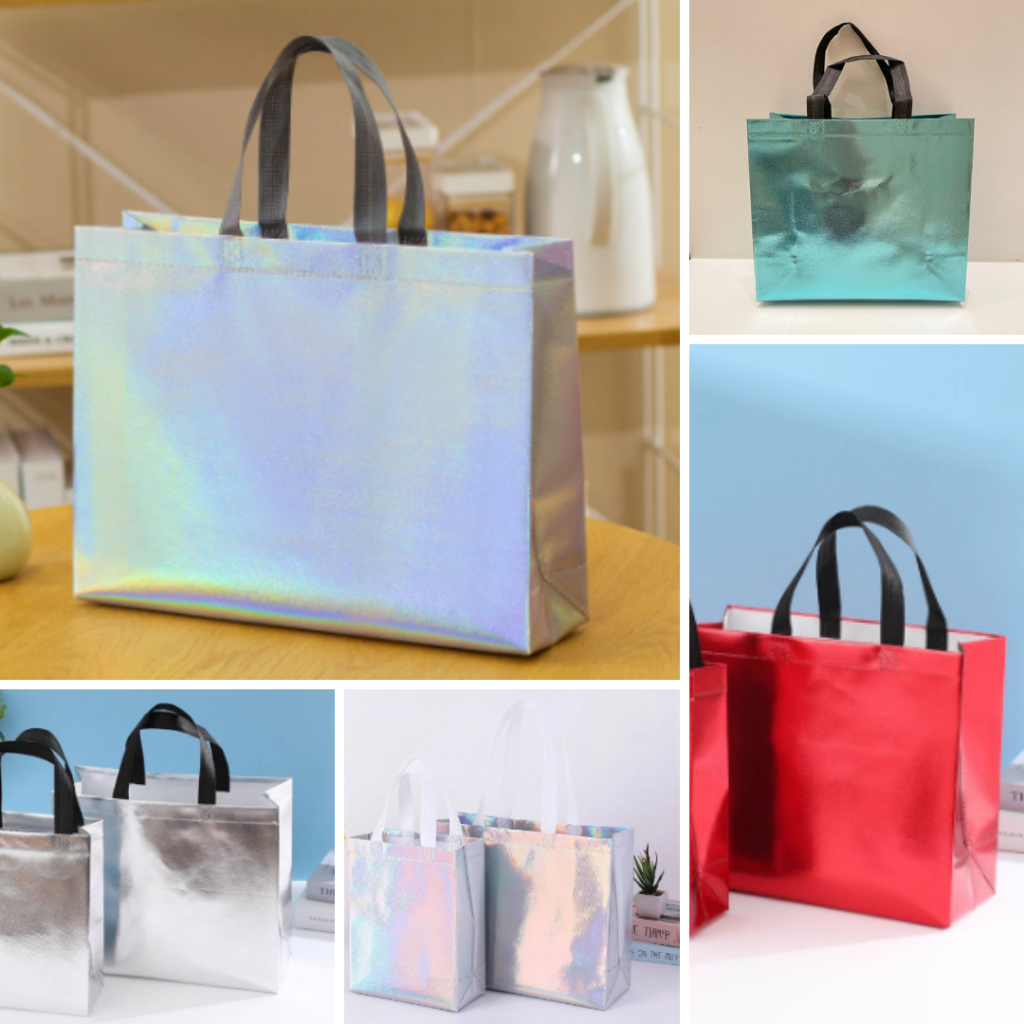 

Non woven bag metallic silver red tosca hologram 1pcs kantong goodie bag parcel metalik polos