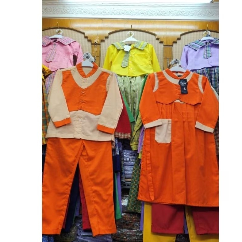 Seragam Muslim Anak TK/ PAUD Gamis /Koko Rompi Cream Orange Set Hijab N Peci