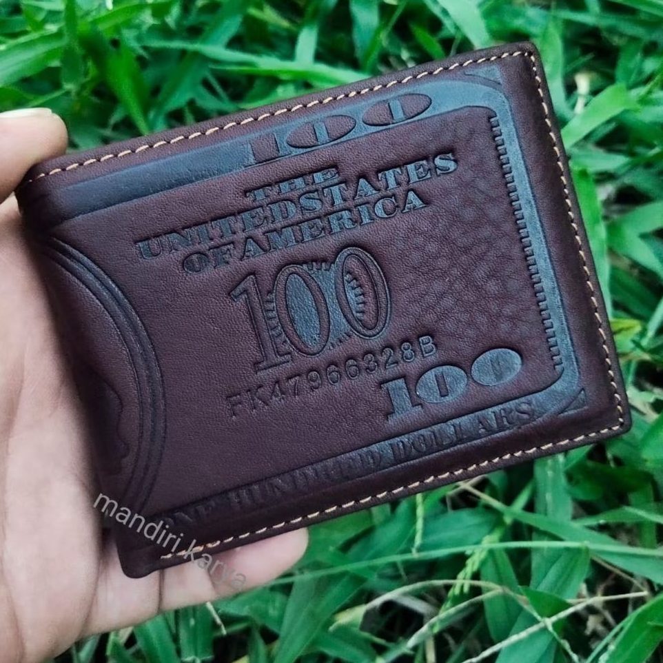 Dompet pria kulit Asli EMBOS 100 DOLLAR /Dompet motif cetak 100 dollar kiulit Asli