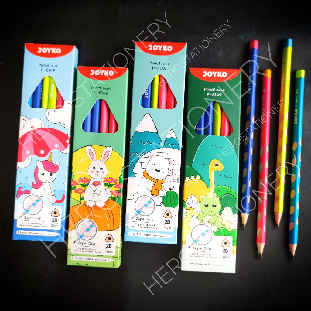 

Pensil 2B pencil triangular super grip joyko motif kartun P-8149 . 12 unit