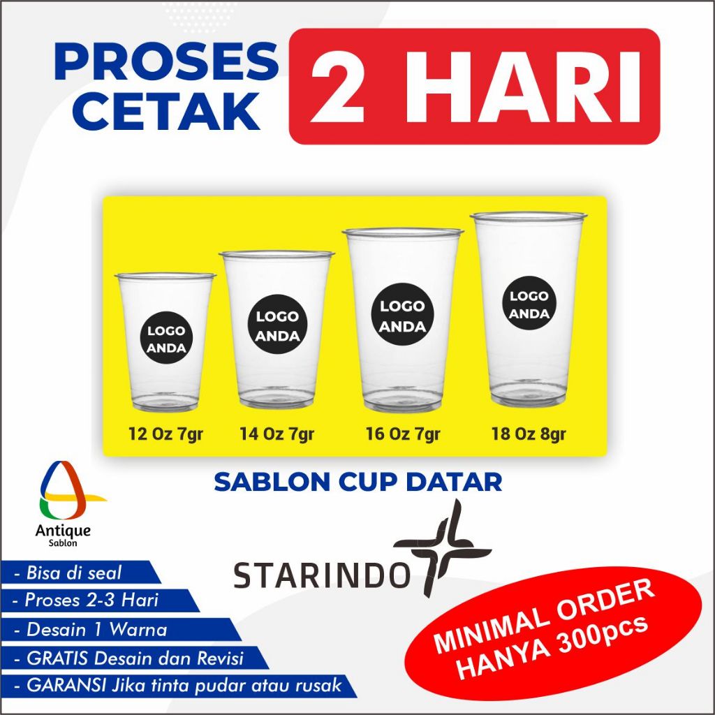 Sablon Cup Datar STARINDO Gelas Packaging Plastik PP Custom 12 Oz, 14 Oz, 16 Oz, 18 Oz, 22 Oz Tebal 