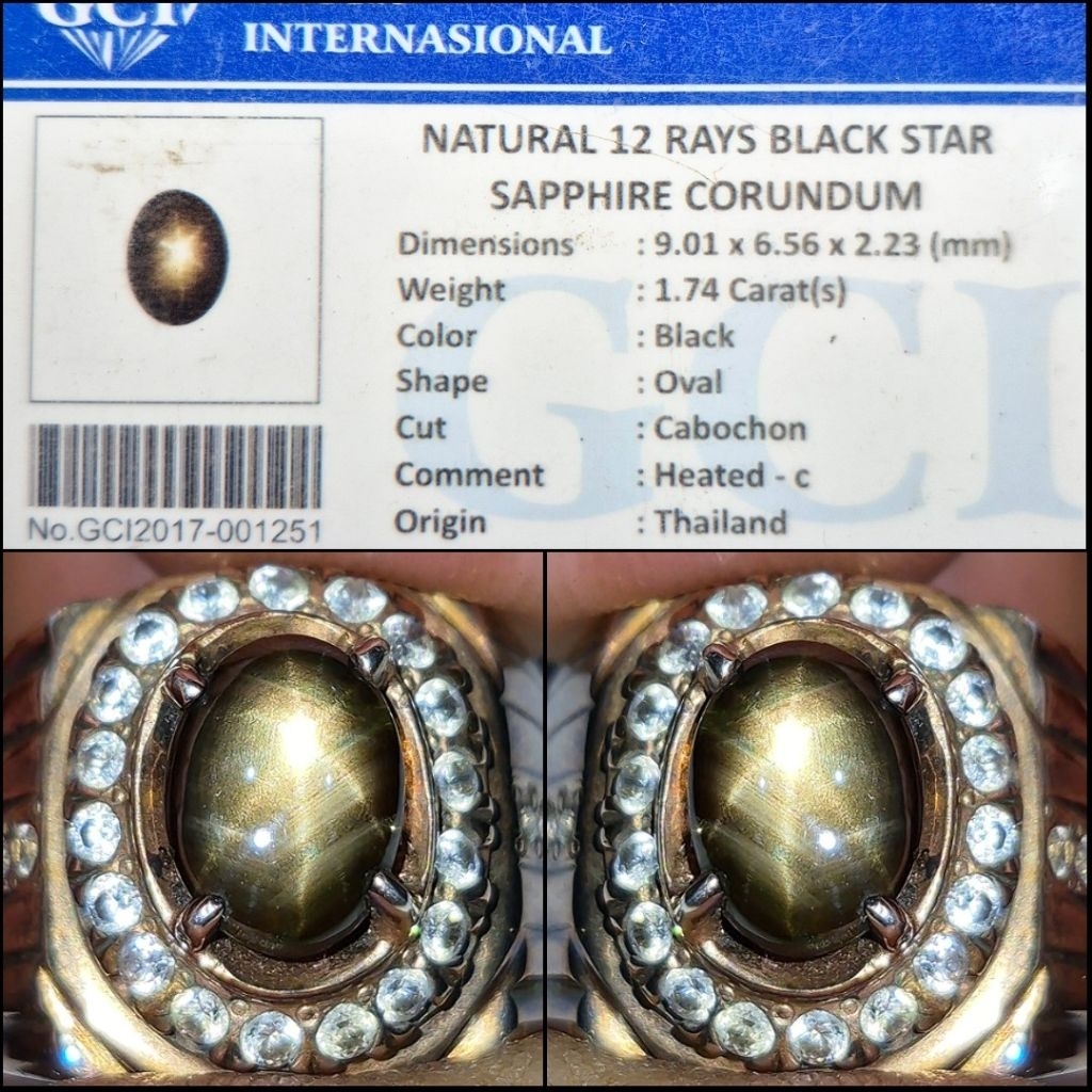 Natural 12 rays Star Black Sapphire Bangsing Krenadana origin Thailand memo lab