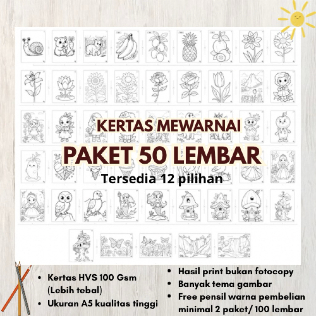 

Paket 50 Lembar Kertas Mewarnai Ukuran A5 Kertas 100 Gsm / Lembar Mewarnai untuk Anak PAUD TK SD Free Pensil Warna