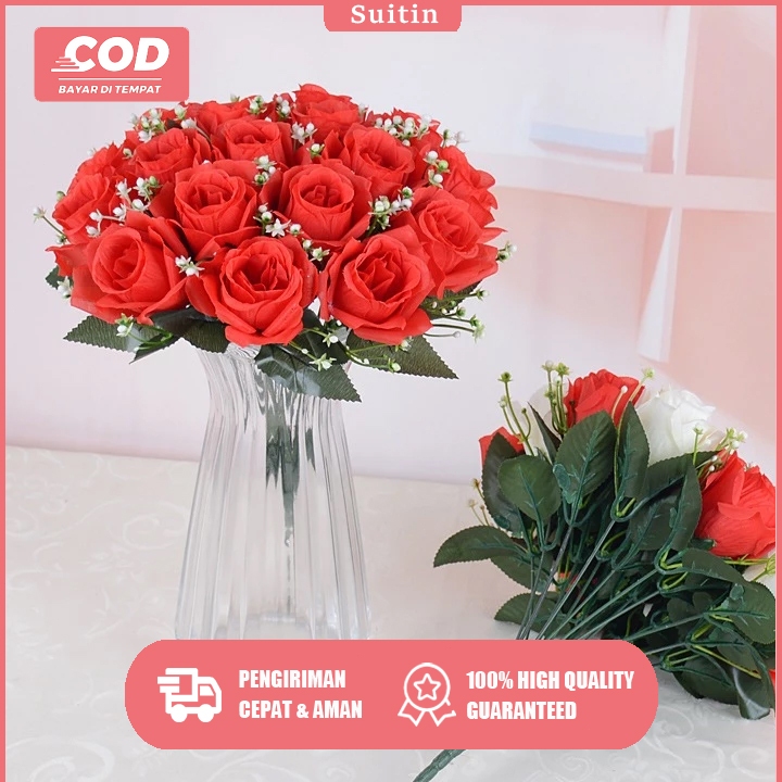 SUITIN Buket Bunga Mawar Peony 18 batang Artificial Plastic Aesthetic Bunga Hias Bunga Hiasan Ruang 