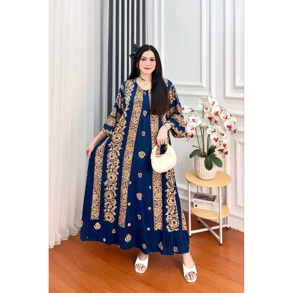 DRESS MAWAR RAYON SUPER JUMBO LD 130CM MOTIF MAWAR LENGAN 3/4 GROSIR DASTER JUMBO SANTAI WANITA