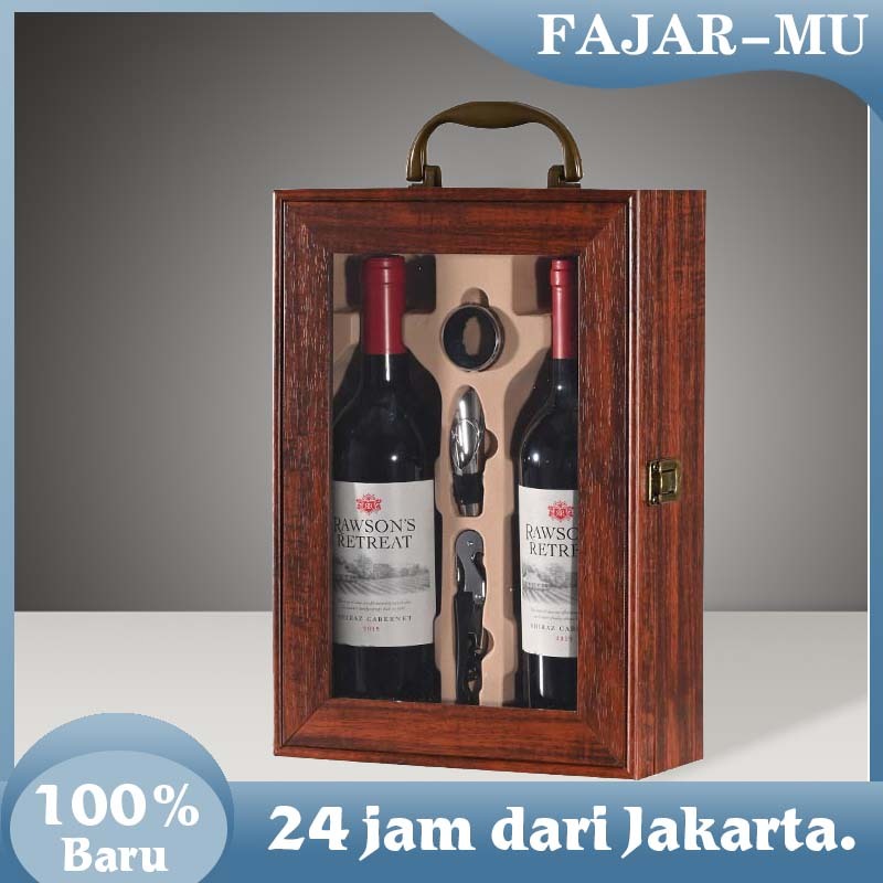 

Wooden Wine Box / Gift Box Wine Open A Window Dilengkapi Dengan 3 Buah Alat Minum / Wine Travel Holder Kotak