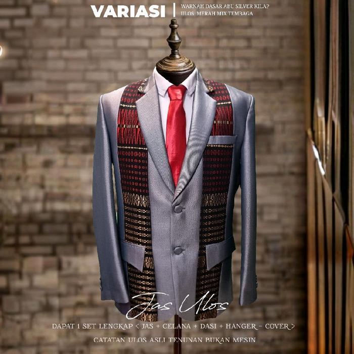 JAS ULOS BATAK PRIA SETELAN LENGKAP TENUNAN ASLI - ULOS MERAH & TEMBAGA (ABU CERAH)