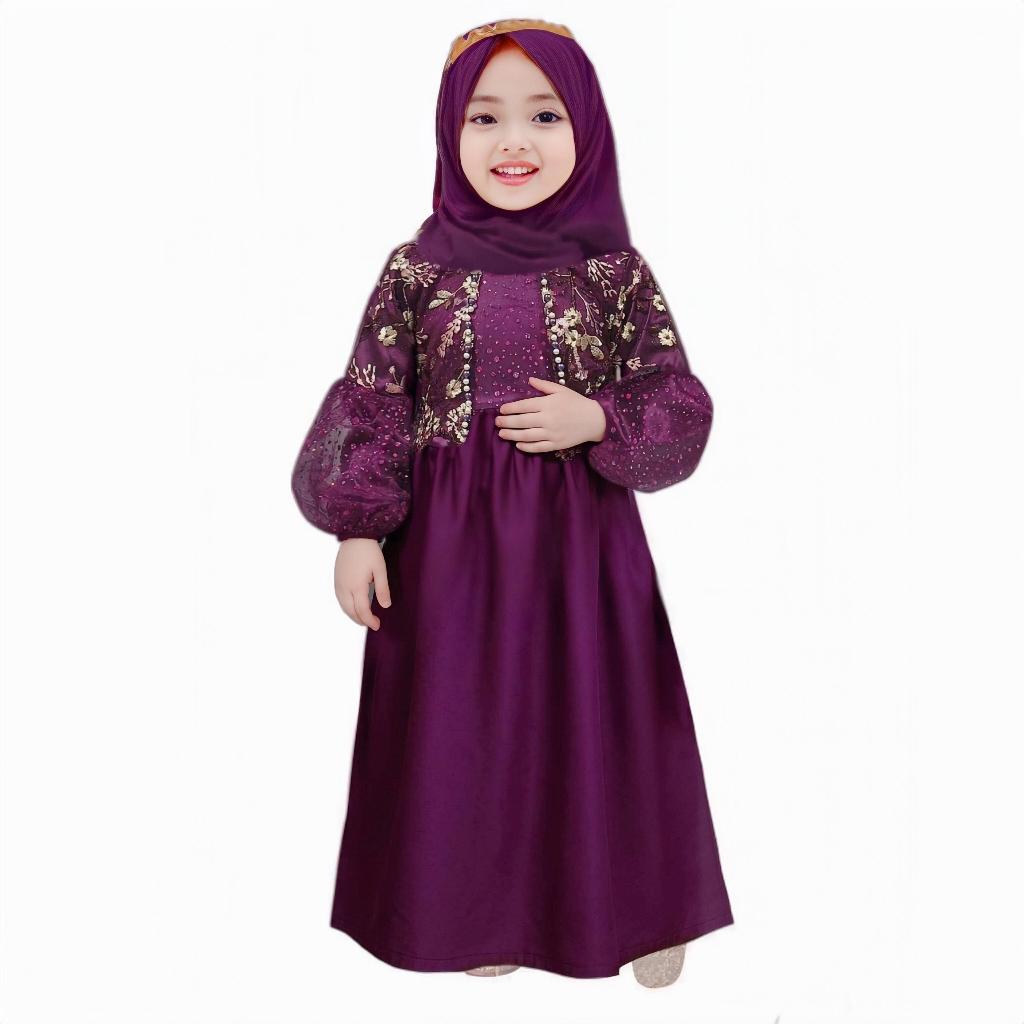 Baju Gamis Anak Rosalina Lengan Balon || Gamis Anak Perempuan Rosalina Bordir Mutiara