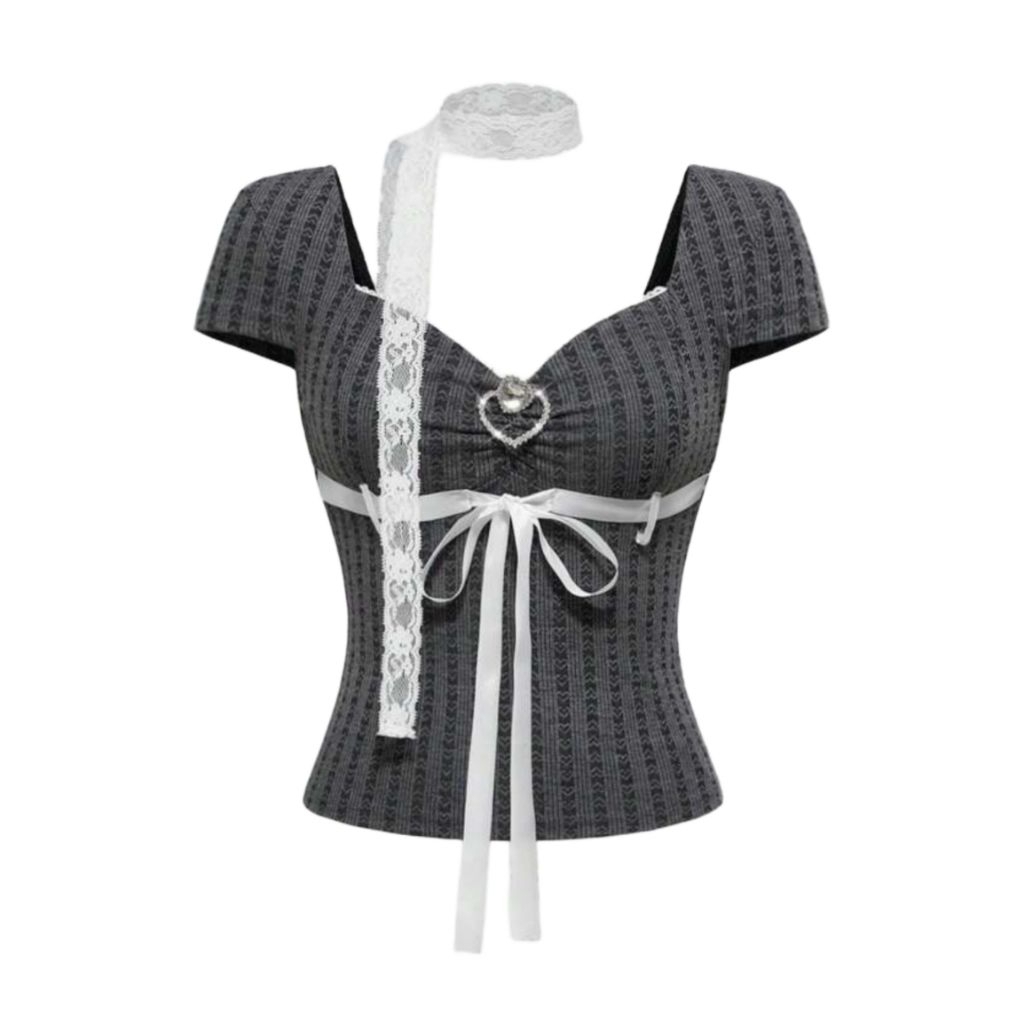 BNWT she.in romwe gray coquette bow top ribbon grey white love pendant sparkly ruched milkmaid knit 
