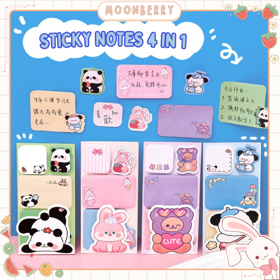 

Sticky Notes 4 in 1 Isi 100 Lembar Motif Kartun Hewan Lucu Catatan Tempel Warna Soft Kertas Memo