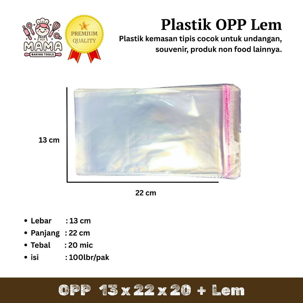 

Plastik OPP (LEM) Tipis 13 x 22 x 20 / Plastik Kue / Plastik Roti / Plastik Undangan / Plastik Cookies / Plastik Uang