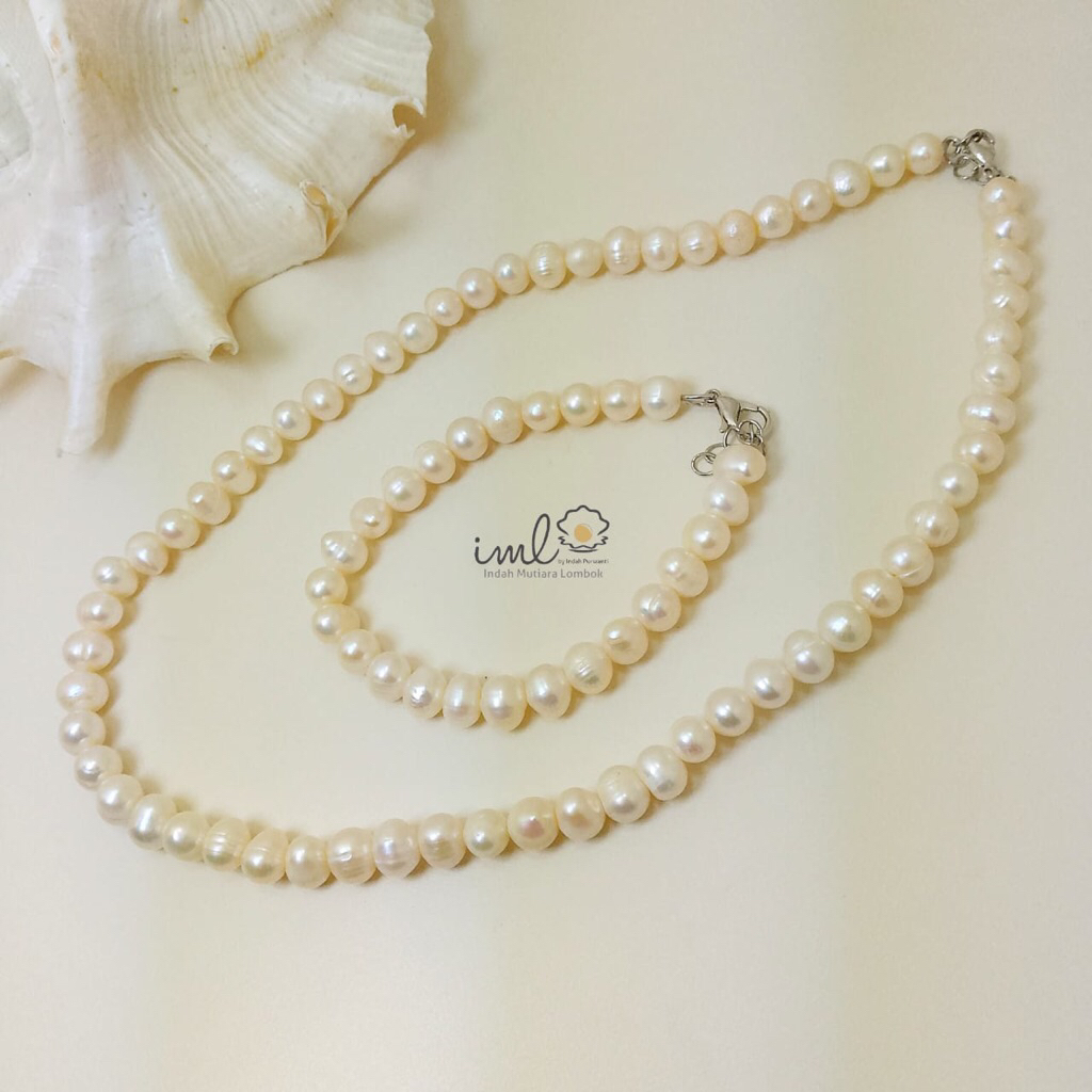 Satu set kalung gelang mutiara air tawar putih