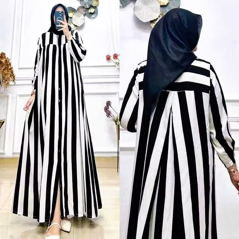 Gamis salur kancing depan bussui frendly Gamis wanita motif garis salur maxxi jumbo pollycoton