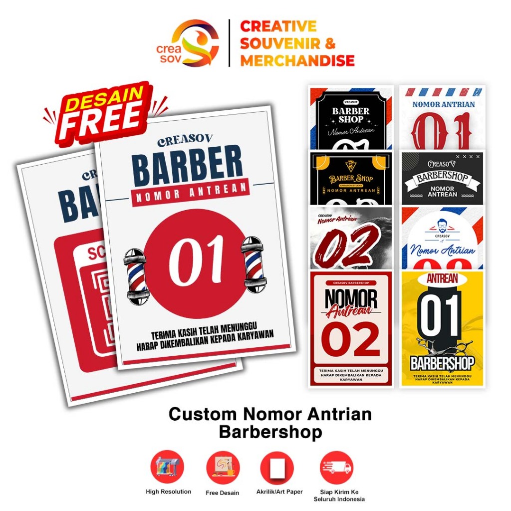 

Creasov - Nomor Antrian Barbershop Cukur Rambut Akrilik Stiker Kertas Laminating Custom Free Desain