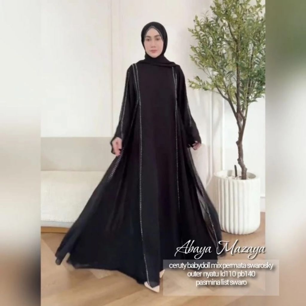 Abaya Mazaya / Zahira Set Hijab Kombinasi Swarovsky Dress Kekinian & Terbaru Gamis Lebaran 2026