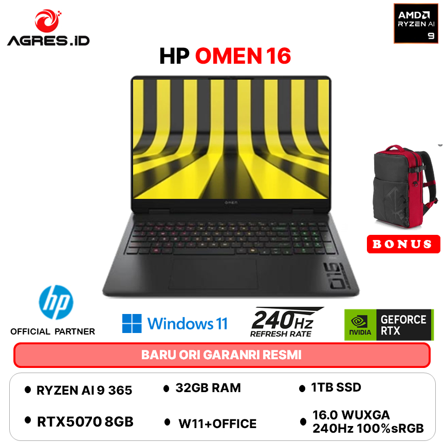 HP OMEN 16 RYZEN AI 9 365 RTX5070 8GB 32GB 1TB W11+OHS+M365B 16.0WQXGA 240HZ 4ZRGB 100SRGB AP0197AX