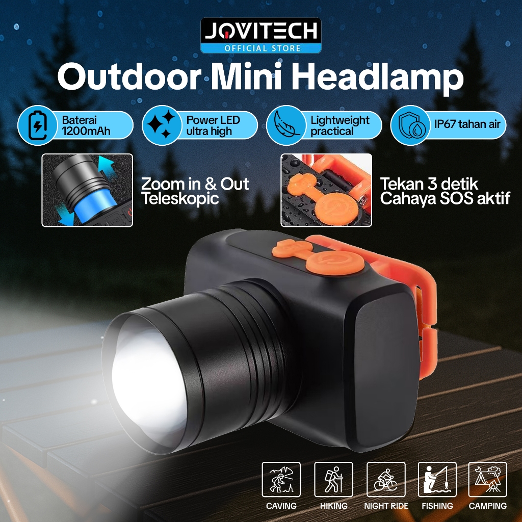 Jovitech HL01 Senter Kepala LED Super Terang 60W 1200mAh Lampu Hiking Head Lamp LED Mini Camping Gun