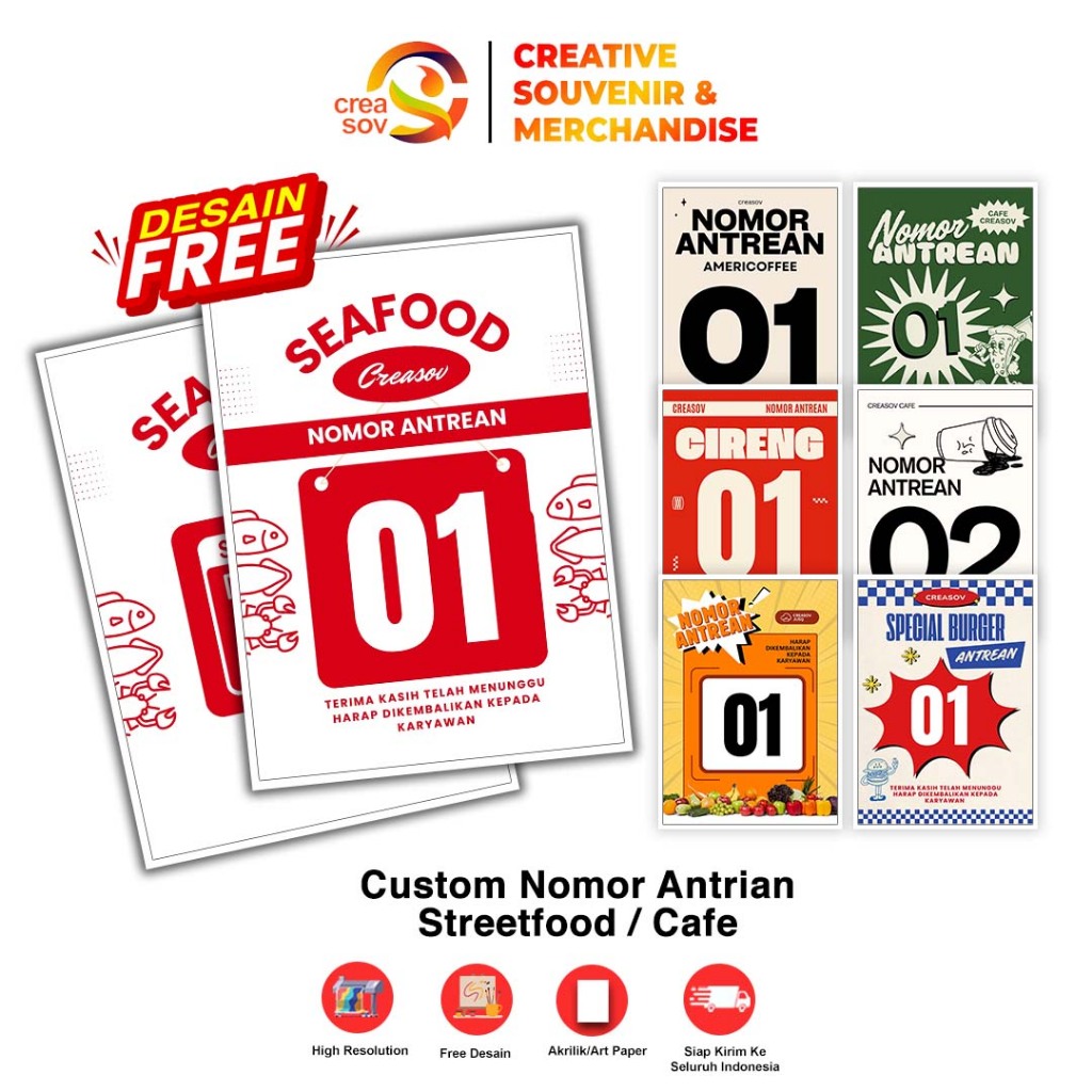 

Creasov - Nomor Antrian Streetfood Jualan Akrilik Stiker Kertas Laminating Custom Free Desain
